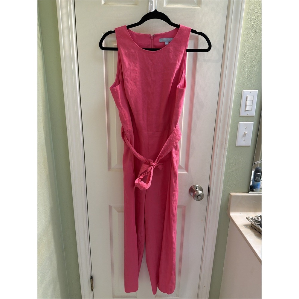 Antonio‎ Melani Linen Jumpsuit Romper Sz 6 Pink Cropped Pockets Belted Wide Leg